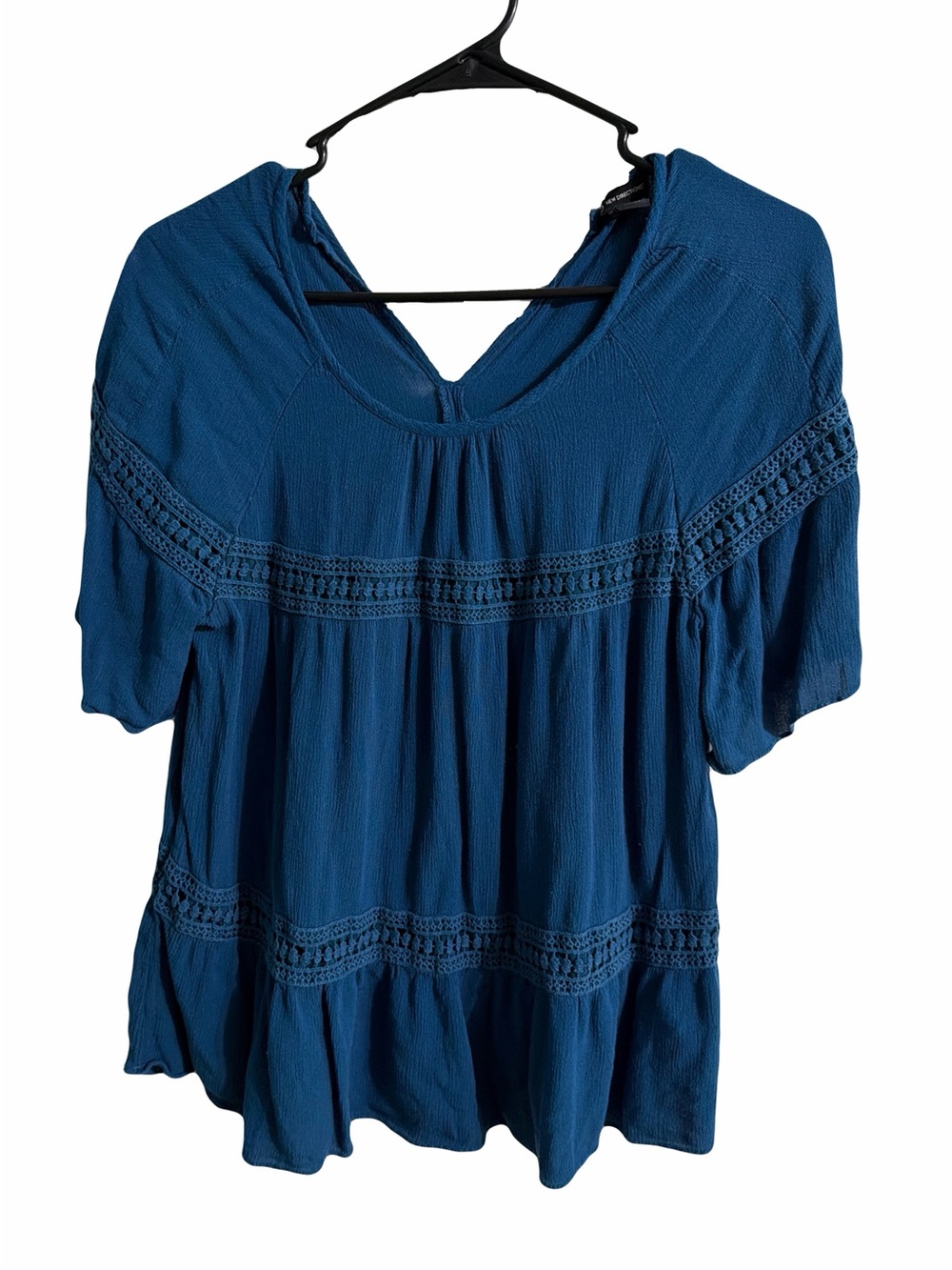 New Directions Blue Crochet-Trim Peasant Tunic Top